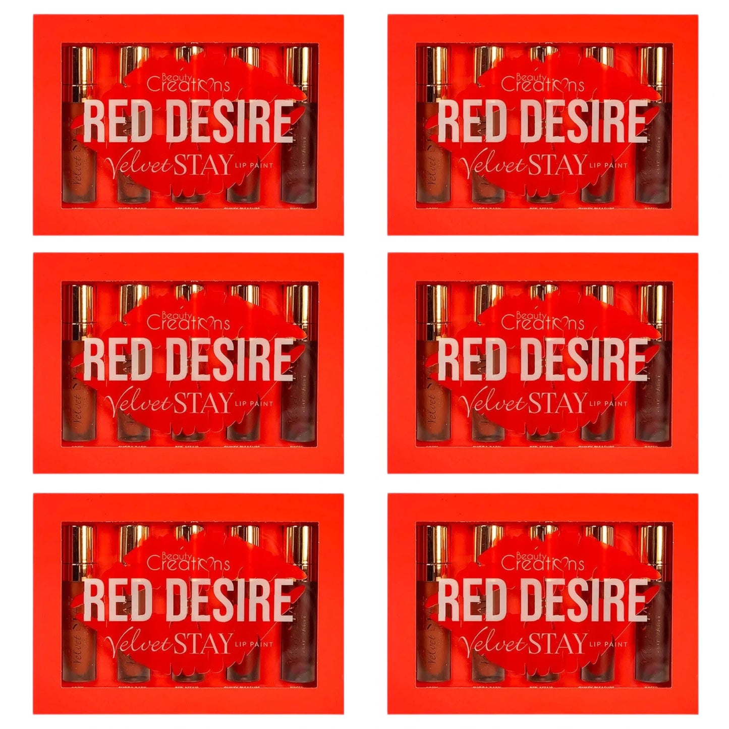 Sets de Brillos de Labios Velvet Stay Red Desire Beauty Creations - Venta al por Mayor 6 Sets (VSLP-SET2)