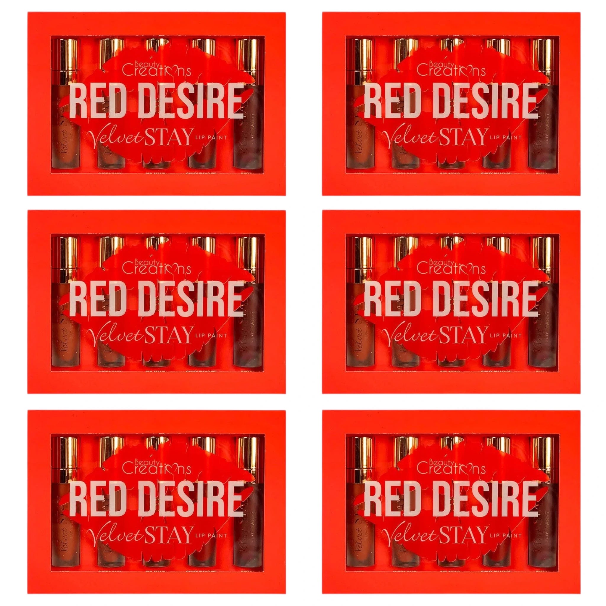 Sets de Brillos de Labios Velvet Stay Red Desire Beauty Creations - Venta al por Mayor 6 Sets (VSLP-SET2)