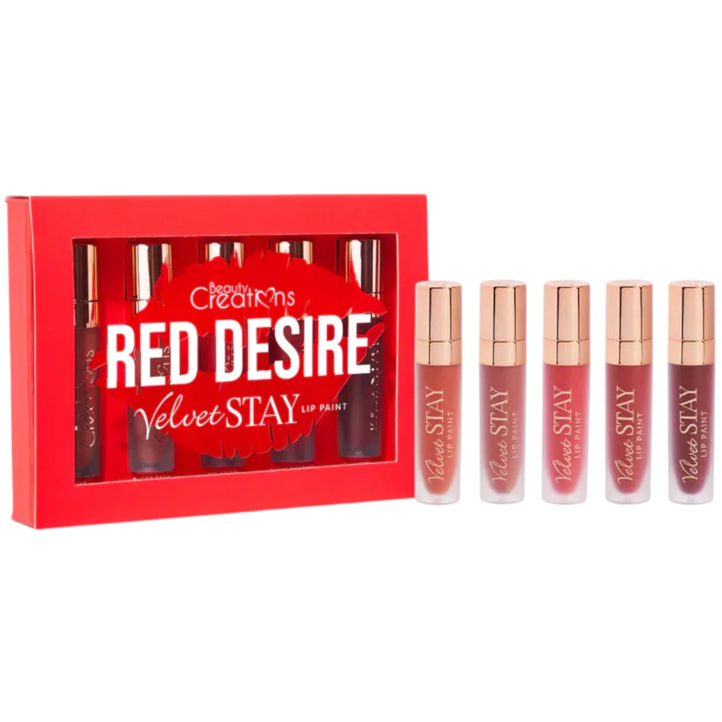Sets de Brillos de Labios Velvet Stay Red Desire Beauty Creations - Venta al por Mayor 6 Sets (VSLP-SET2)