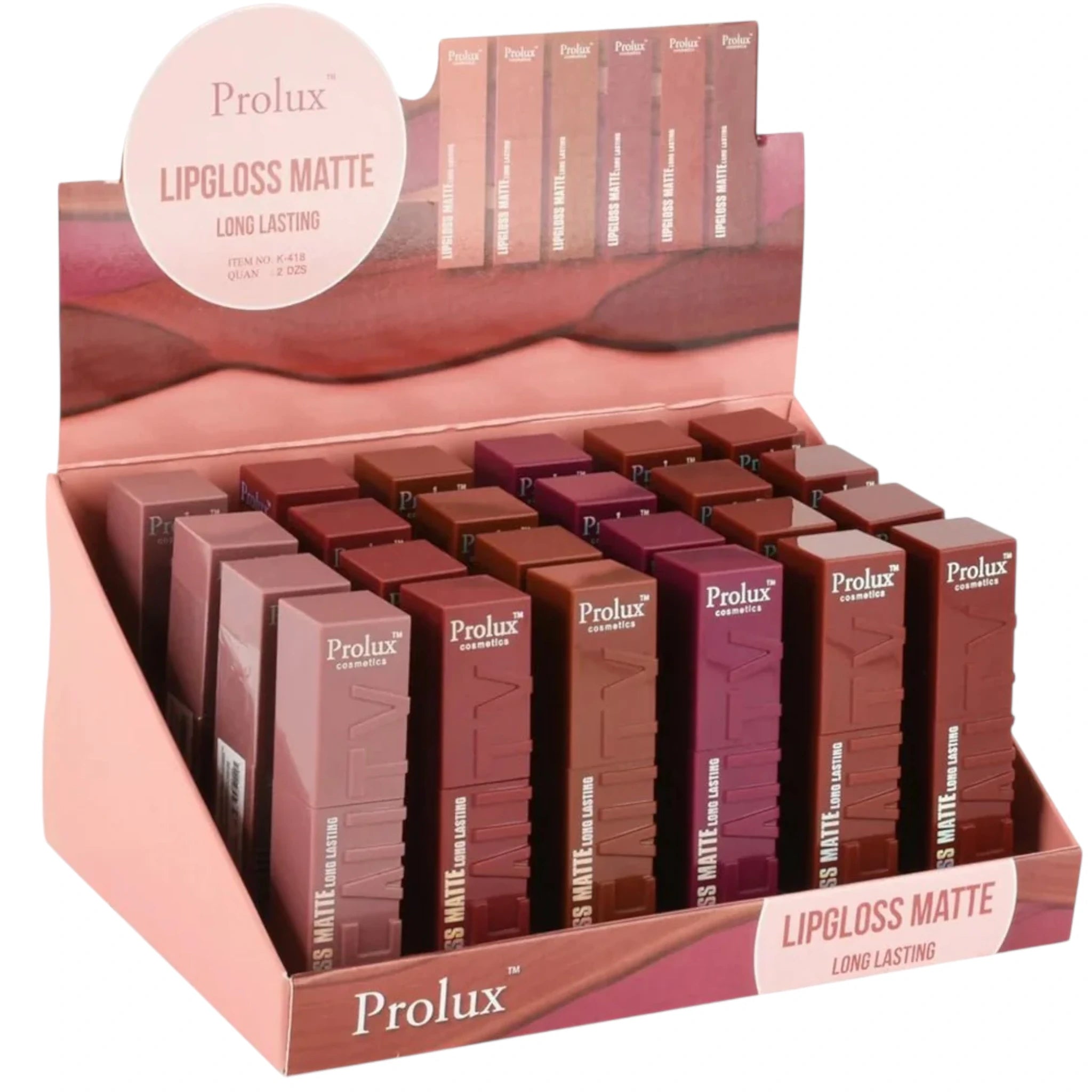 Brillo de Labios Mate Long Lasting Prolux - Venta al por Mayor Display 24 Unidades (K-418-B)